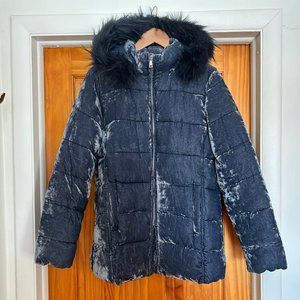 Loft Blue Velvet Coat with Detachable Faux Fur Trimmed Hood